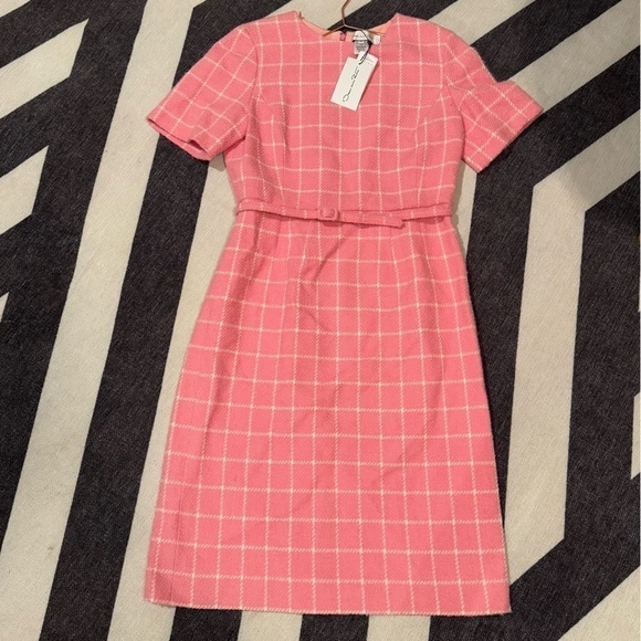 OSCAR DE LA RENTA Fall 2023 Pink & White Windowpane Tweed Boucle Dress Sz 12 NWT - Picture 8 of 15